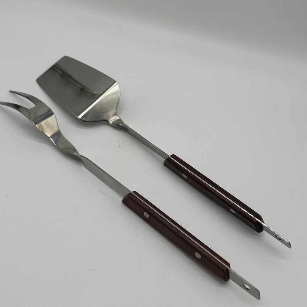 Vintage A.S. Stainless Japan BBQ Tool Set Long Wood Handle Spatula Fork 1960s